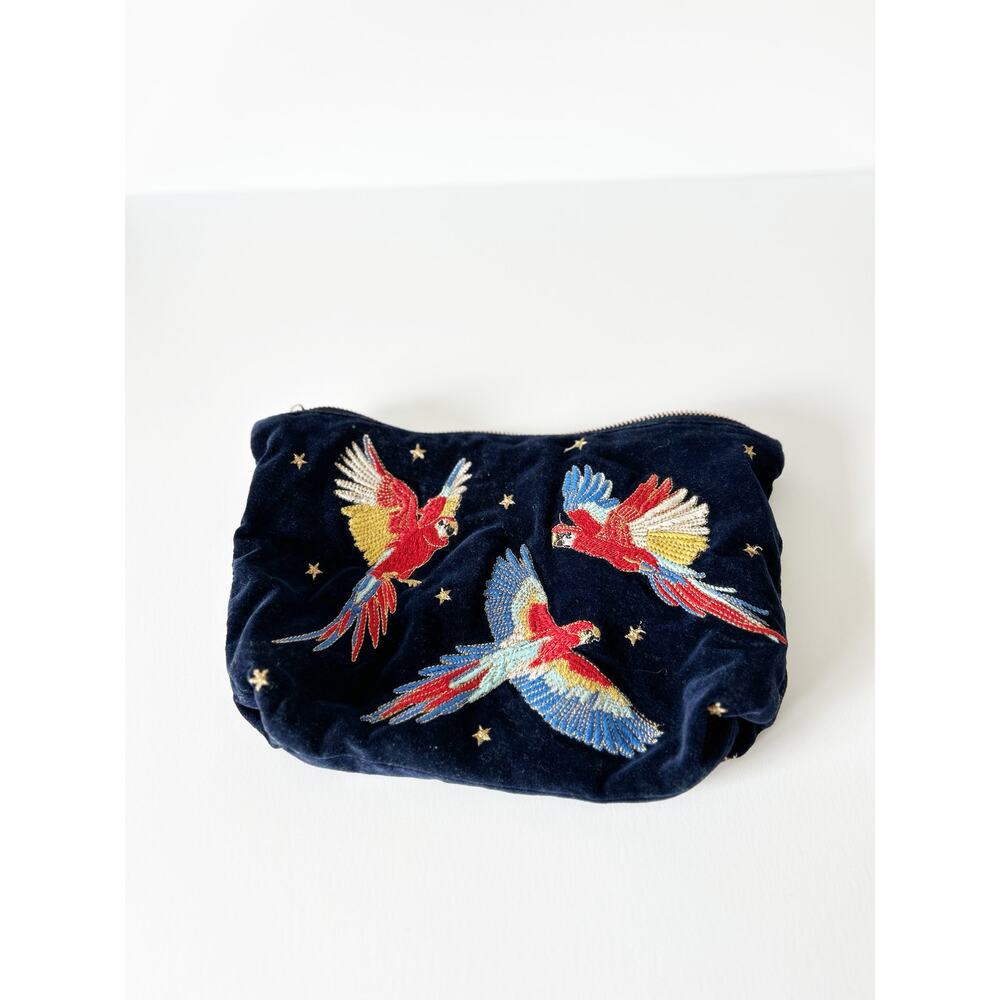 Elizabeth Scarlett Blue Velvet Everyday Embroidered Parrott Monogrammed Pouch - Picture 2 of 7